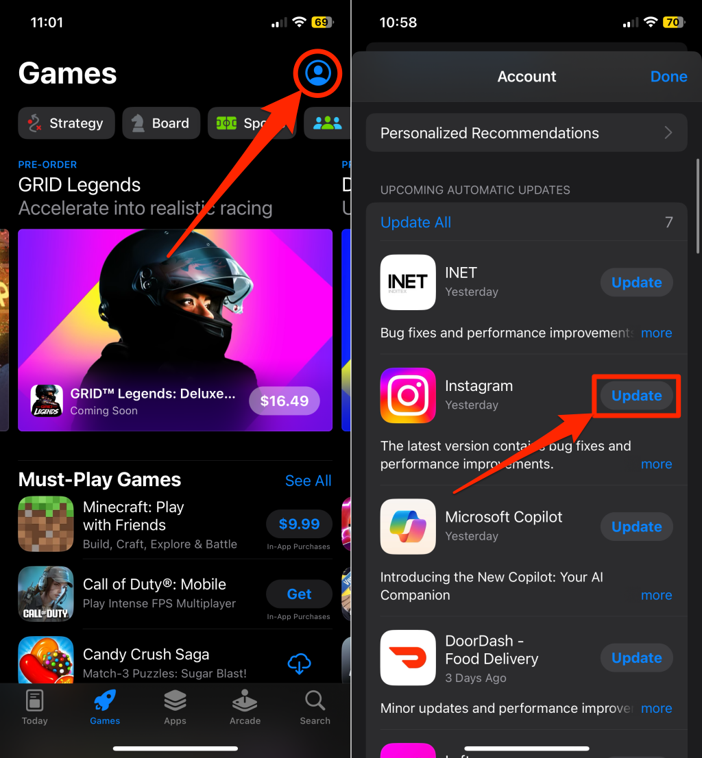 Steps to update Instagram in the Apple App Store