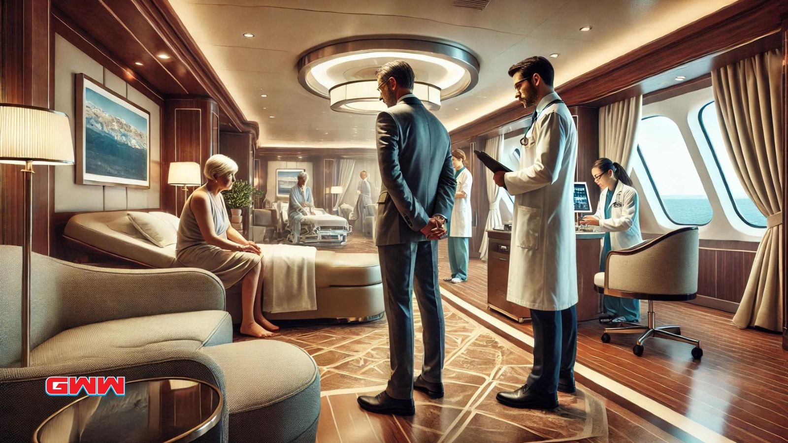 A scene inside a luxurious cruise ship room with a doctor and medical staff attending to patients. 