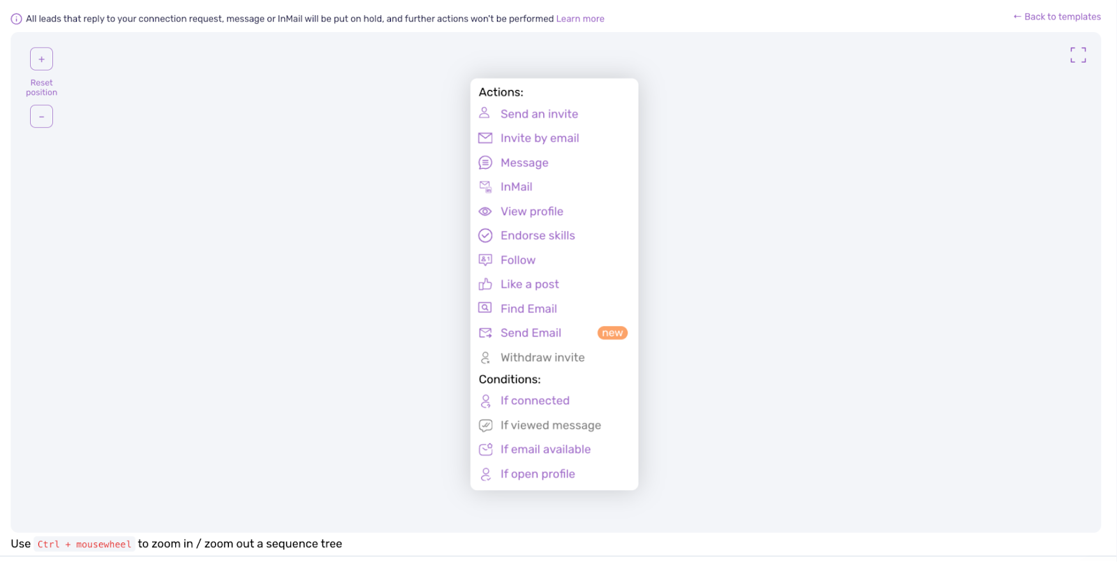 Available Dripify campaign sequence actions.