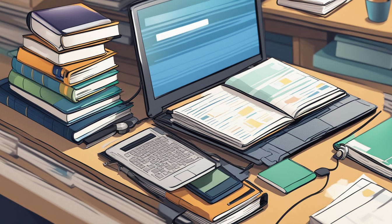 A stack of textbooks arranged neatly on a desk, with a laptop open to the Amazon website and a barcode scanner nearby