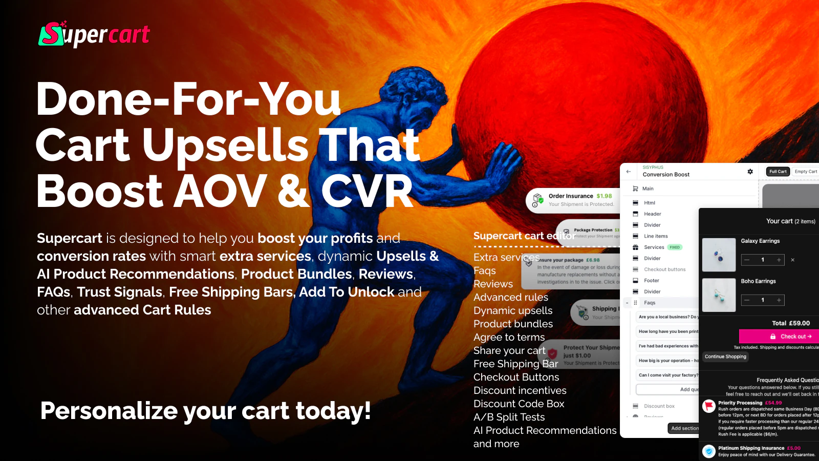 Promotional banner for Supercart highlighting done-for-you cart upsell solutions to boost Shopify store revenue, increase AOV and CVR through AI recommendations, product bundles, free shipping bars, and dynamic upsell tools.