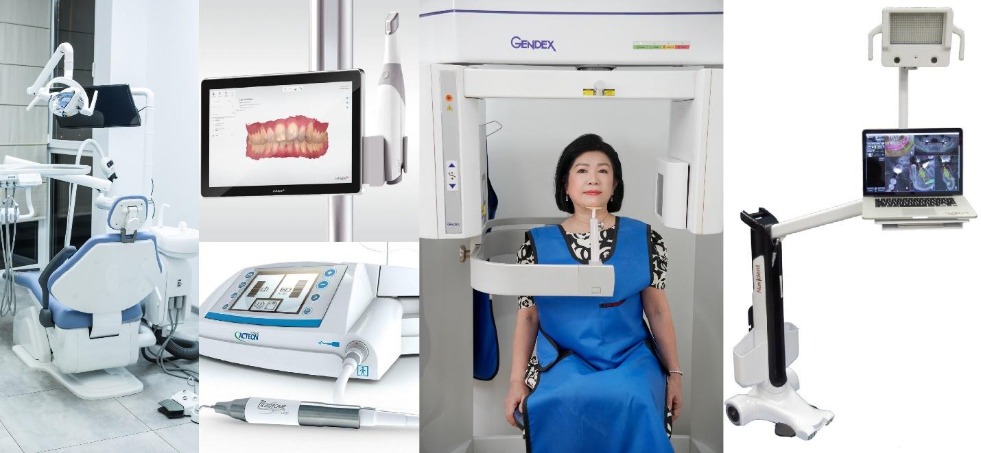 A person in a blue dress sitting in a dental x-ray machineDescription automatically generated