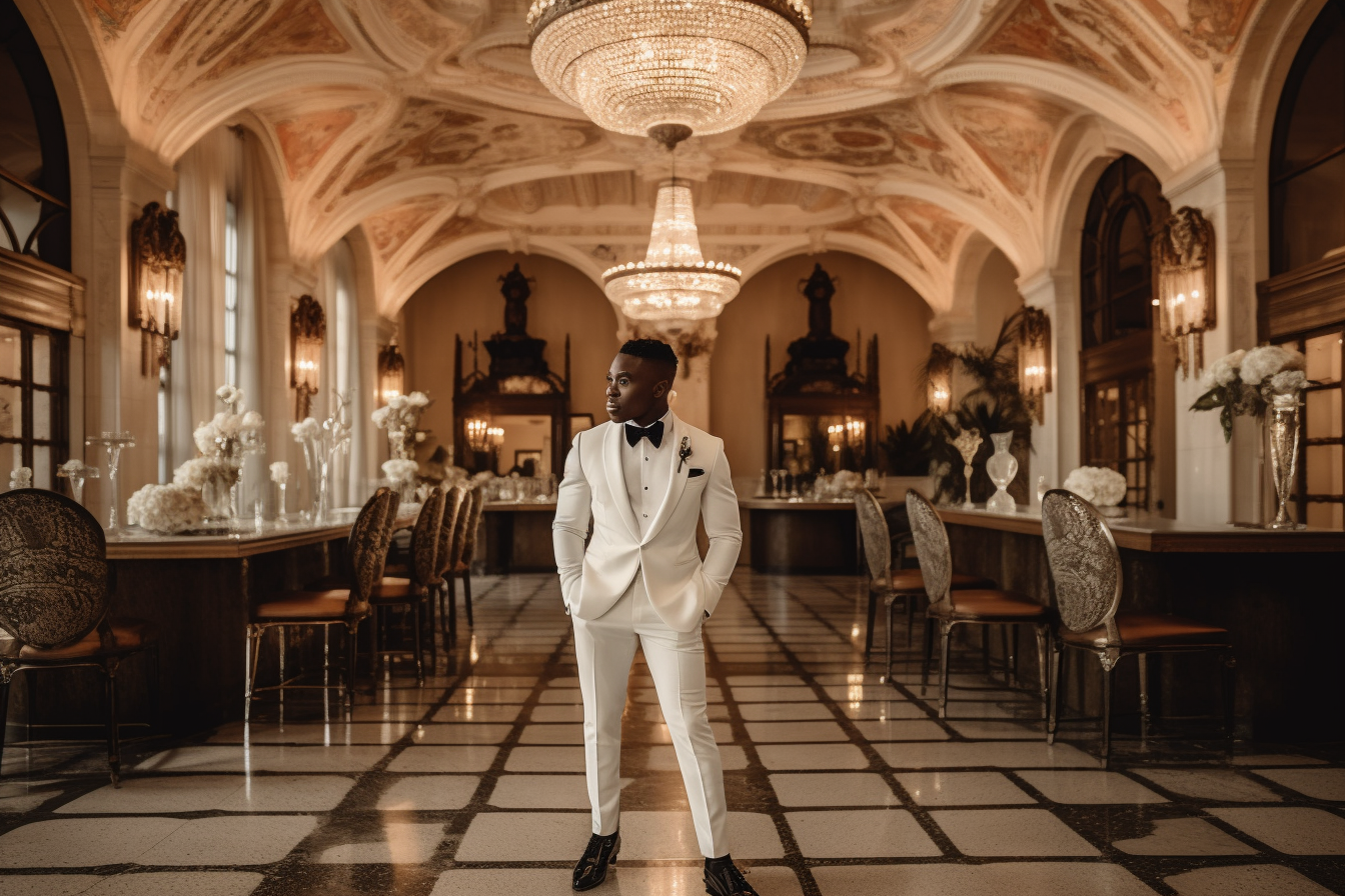 
A groom in a sharp, tailored white tuxedo, standing confidently in an elegant formal indoor wedding venue. The venue is grand, with chandeliers casting a soft glow, polished floors, and intricate decorations. The groom's white tuxedo stands out against the refined backdrop, adding a sophisticated and timeless touch. His polished black shoes and crisp details complete the look, making him the center of attention in this classic, stylish setting