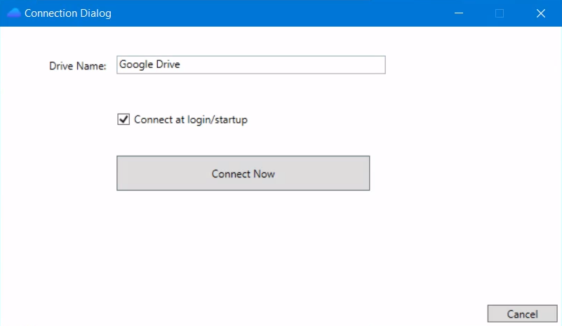 This image shows the Connection Dialog window, ensure that Connect at Login/Start is checked and click “Connect Now”.