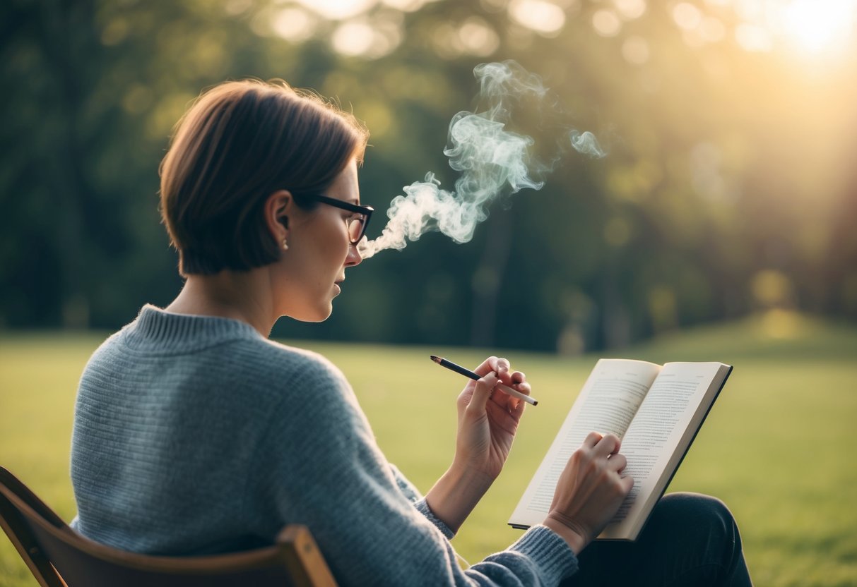 A serene outdoor setting with a person engaging in a distracting activity, like reading or painting, to prevent relapse into nicotine or vaping