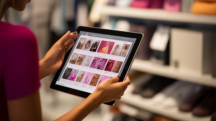 Person holding a tablet showing a digital catalog of products in a retail store 
