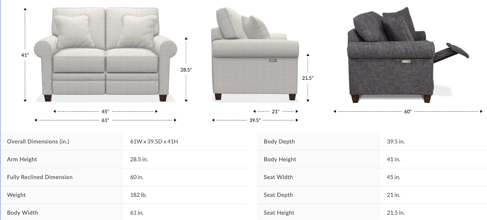 colby duo reclining loveseat size and dimensions