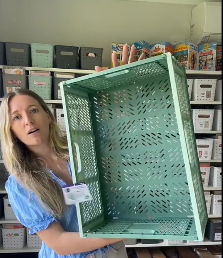 Woman showing Kmart's $10 collapsible crate