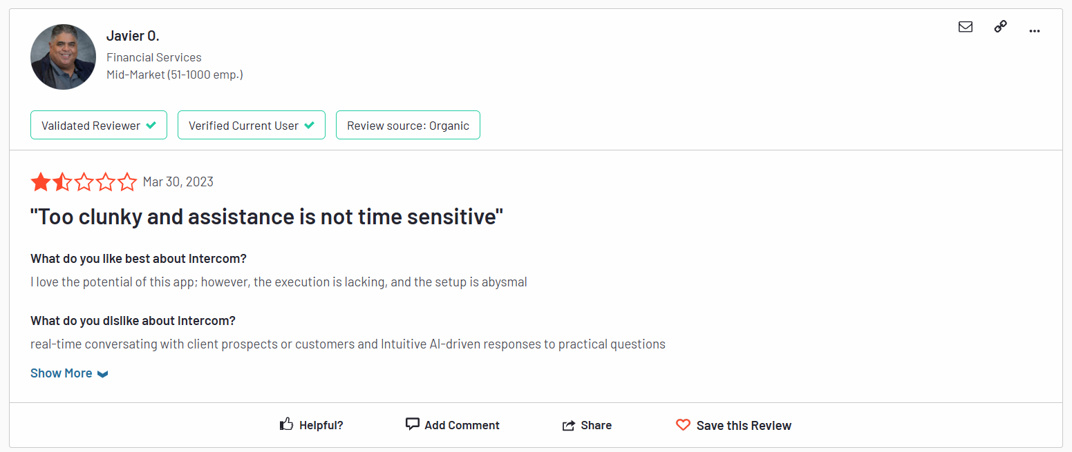 Negative review for Intercom on G2