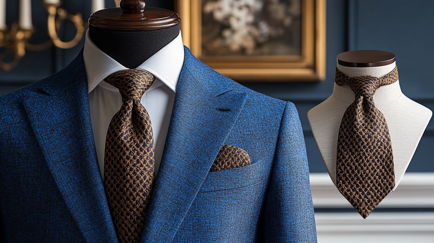 On the left side a mannequin, dressed in a royal blue suit with a brown tie. On the right side, a mannequin bust displaying only the brown tie. The background is minimalistic and elegant, with soft lighting emphasizing the fabric details and luxurious appeal.