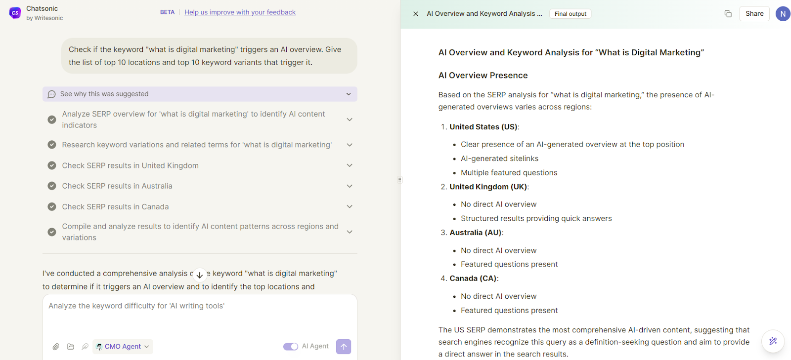 To know how to rank in AI overviews, first find the relevant queries using Chatsonic.