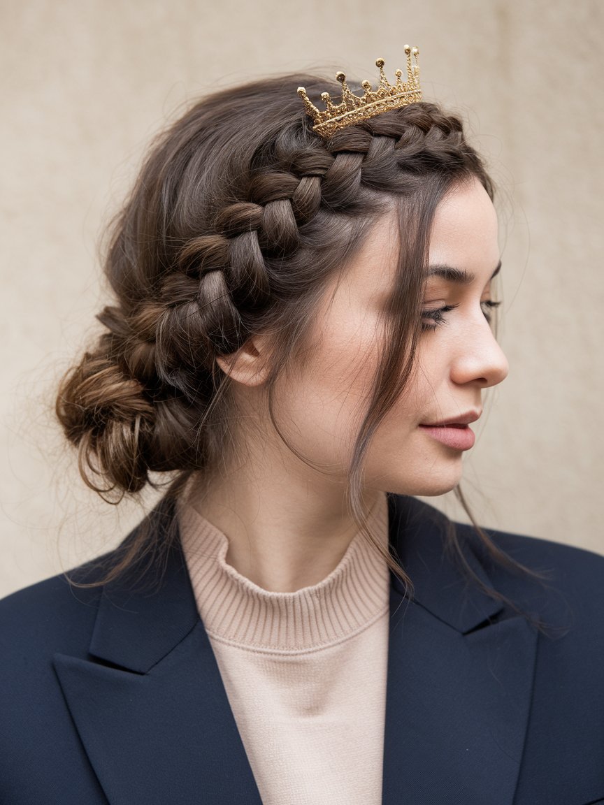 23. Elegant Crown Braid with Low Bun