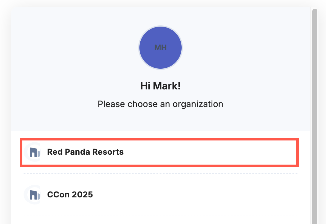 Organization selection screen with 