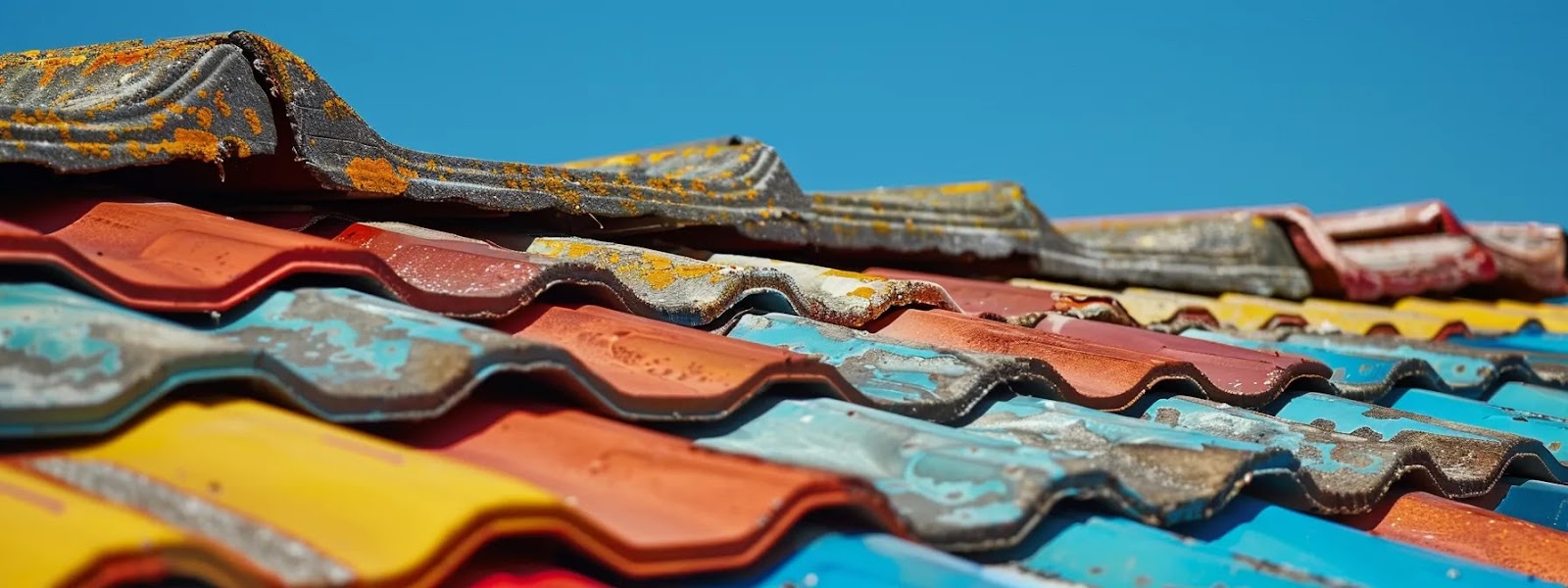 a vibrant array of colorful, lightweight bitumen roofing sheets elegantly stacked against a backdrop of clear blue skies.