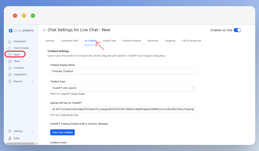 Navigate to chatbot settings in Social Intents