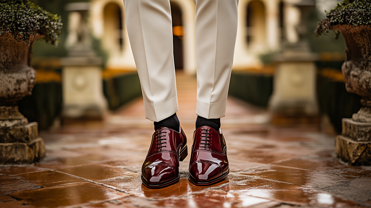 
A groom in a sharp white suit, wearing oxblood or burgundy leather shoes that add a bold and rich contrast to the look. The deep color of the shoes enhances the white suit, providing an elegant and striking touch. The burgundy shoes exude confidence and style, complementing the groom’s sophisticated appearance. The refined wedding venue, with its soft lighting and luxurious décor, highlights the groom’s bold yet classy wedding ensemble