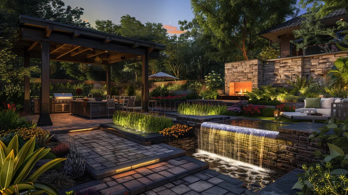 A newspaper cartoon graphic based on Backyard & Outdoor Living examples in California, the newspaper cartoon graphic should depict a luxurious backyard with a stone firepit, outdoor kitchen, cascading water feature, and pergola-covered paver patio, all illuminated by subtle landscape lighting