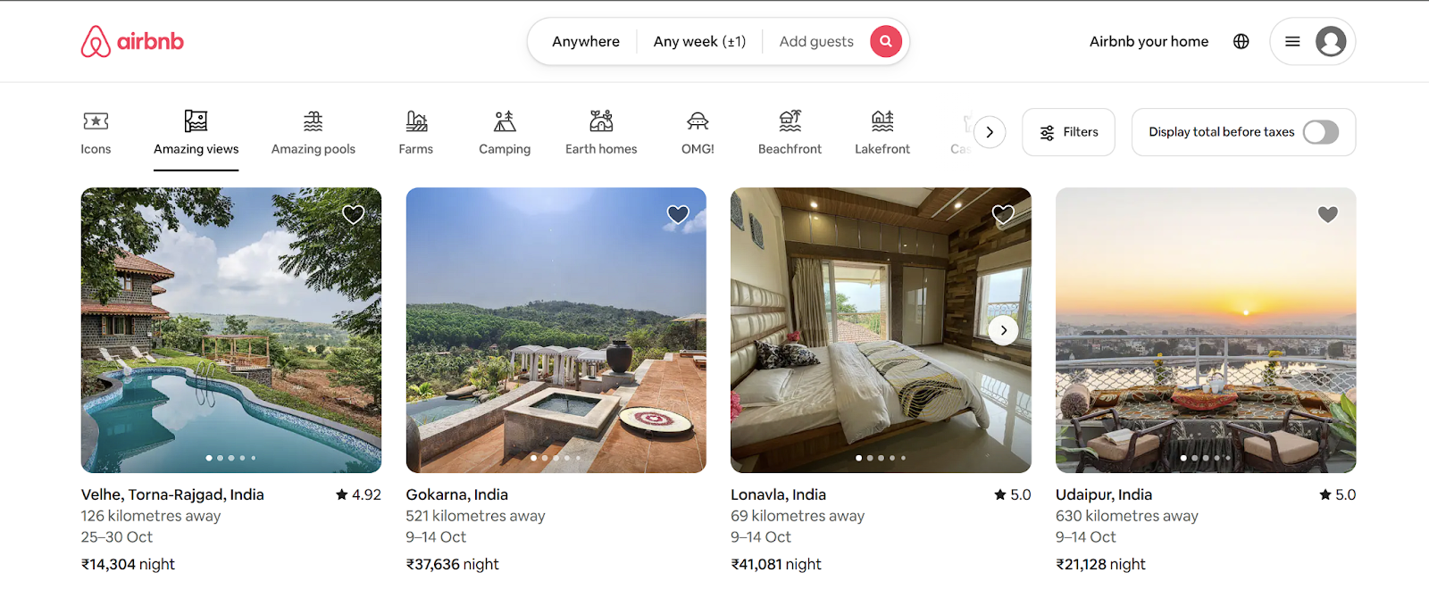 Airbnb interface displaying property listings with well-spaced elements for easy navigation and user focus.