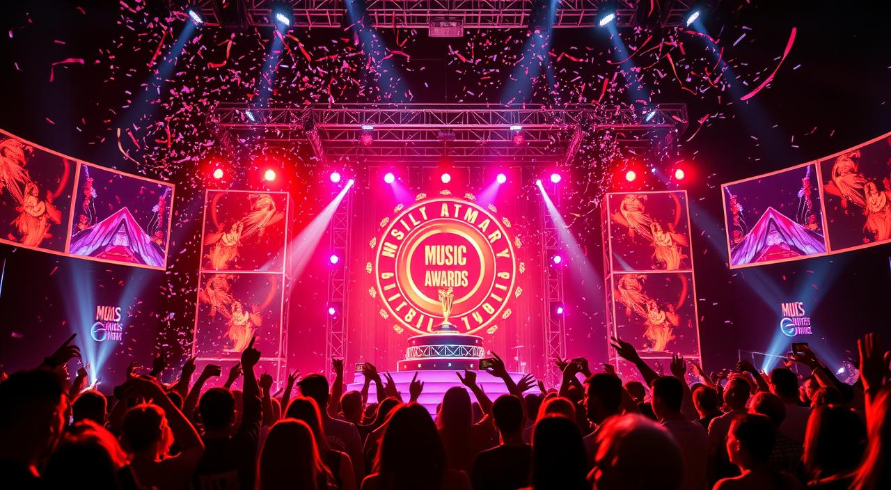 A vibrant scene celebrating music awards night, featuring a glamorous trophy stage adorned with colorful lights, confetti falling from above, elegantly dressed silhouettes of artists in celebration, energetic atmosphere filled with excitement, reflecting diverse musical genres and styles.