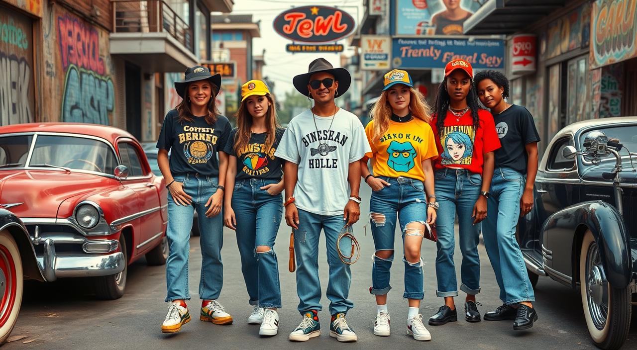 A vibrant street scene featuring diverse individuals showcasing iconic 2000s fashion trends, including low-rise jeans, colorful trucker hats, oversized graphic tees, chunky sneakers, and layered accessories. The backdrop includes retro elements like vintage cars, graffiti art, and neon signs, all infused with a playful, nostalgic atmosphere.