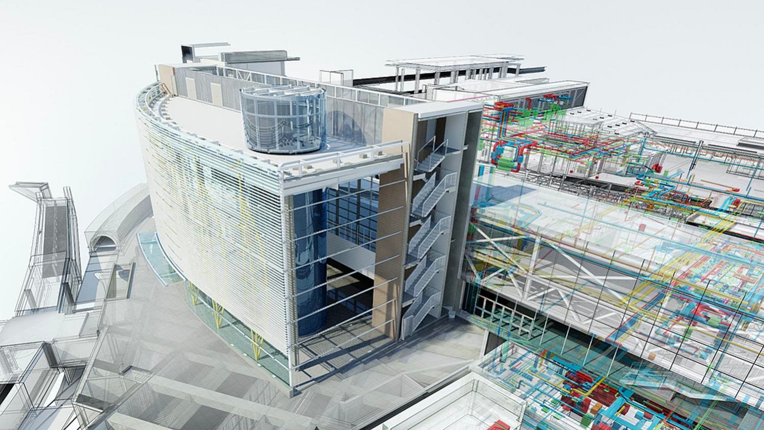 A complex 3D architectural rendering showcases a modern structure under construction in building information modeling.