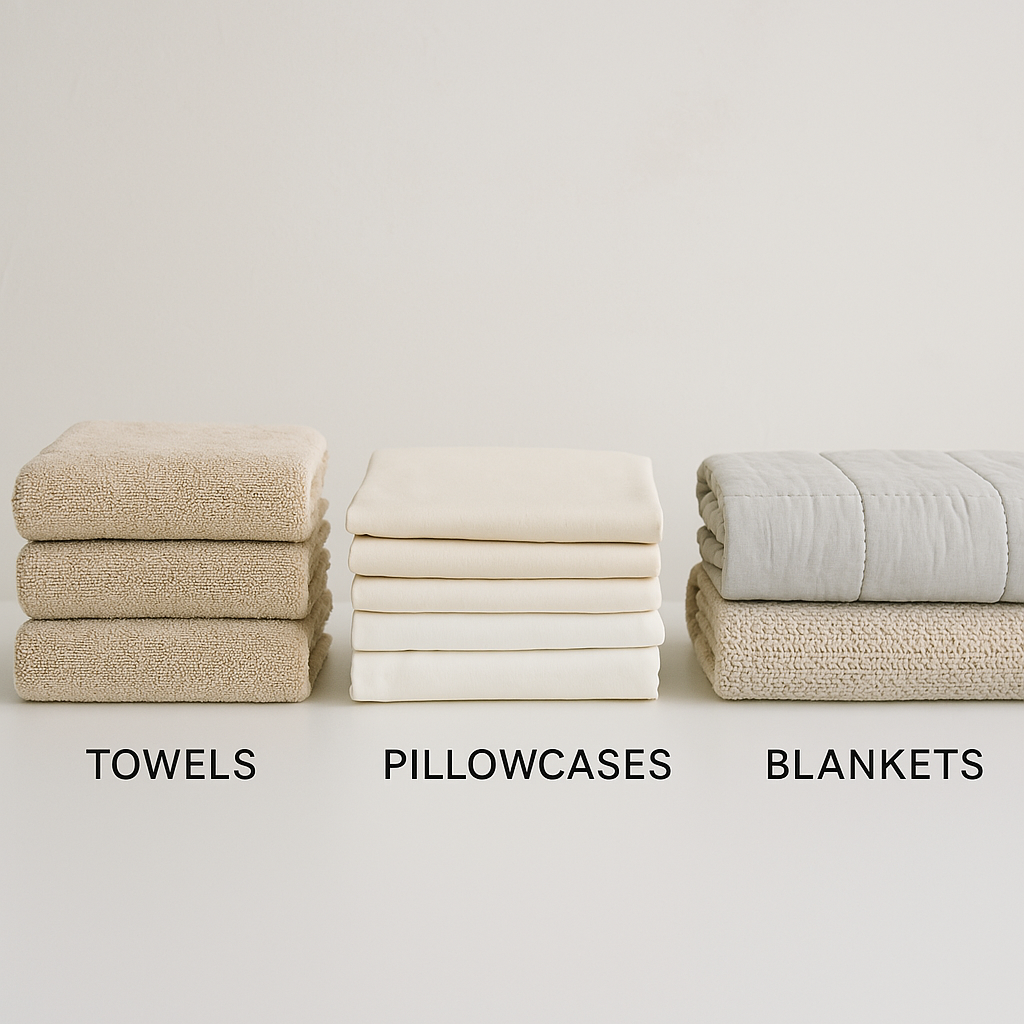 Thumbnail Image A clean surface with neatly categorized piles of linens: towels, sheets, pillowcases, and blankets. Each pile is labeled and organized.