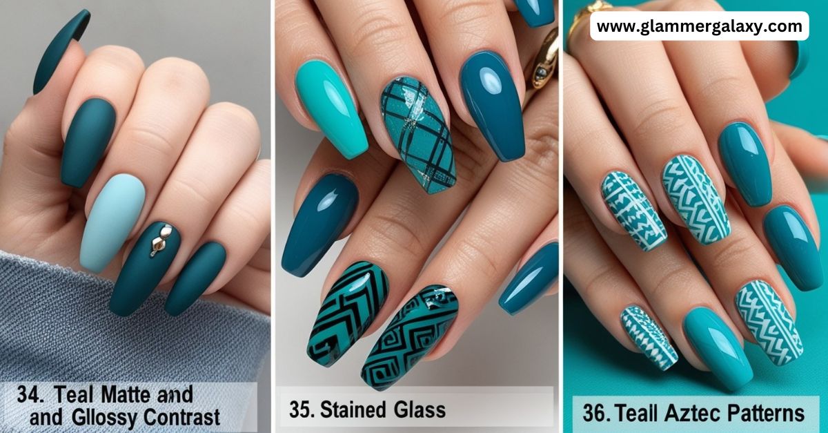 Three images showcasing nail art designs numbered 34, 35, and 36 with teal matte, stained glass, and Aztec patterns.