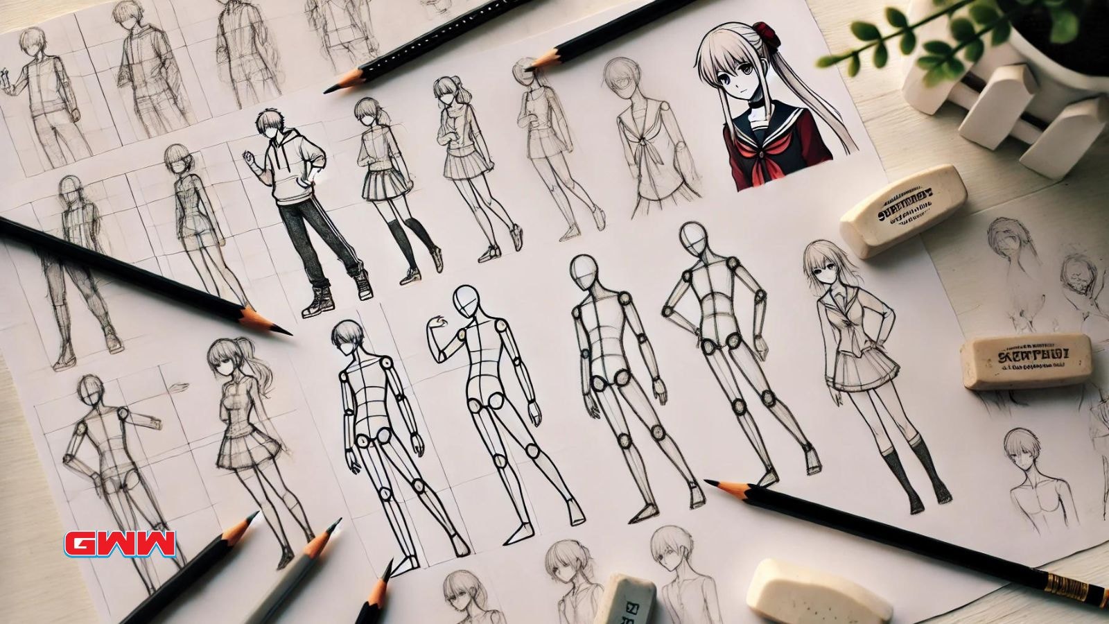 Anime character sketches and figure drawings on a desk with pencils and erasers