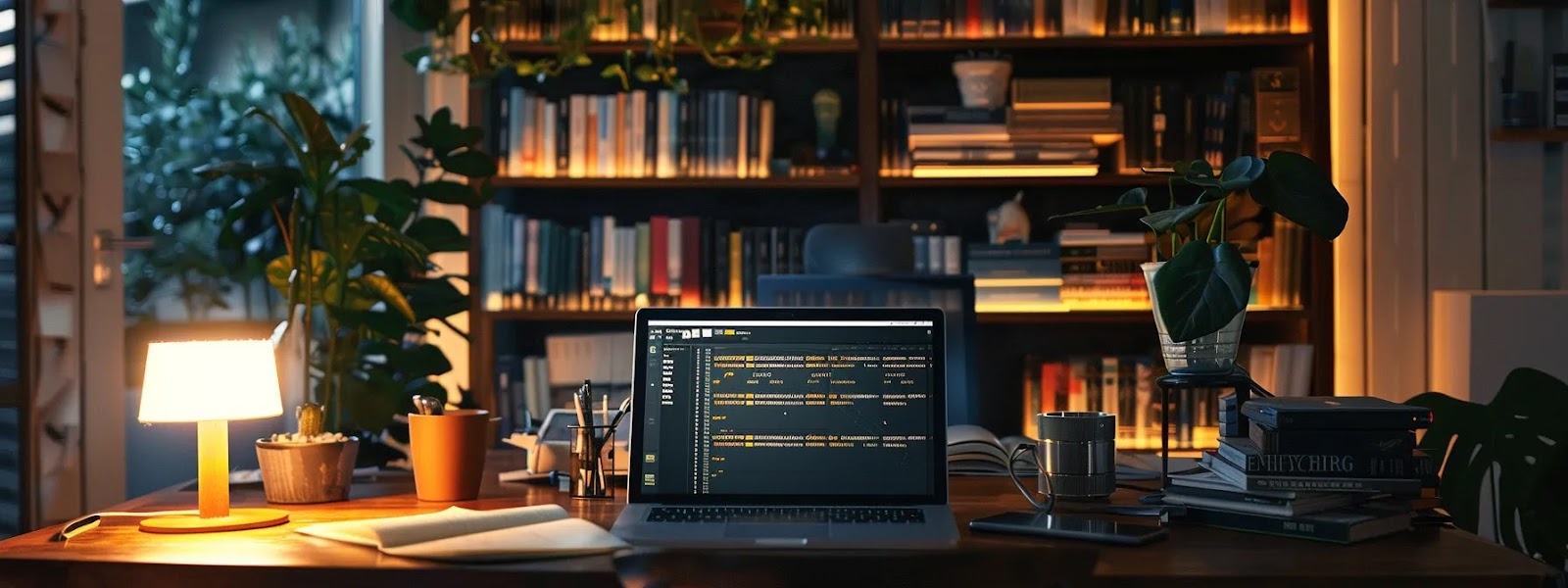 a modern office desk with a laptop displaying a website's schema markup, surrounded by books on structured data and semantic search, showcasing the importance of utilizing these techniques for seo success in 2025.