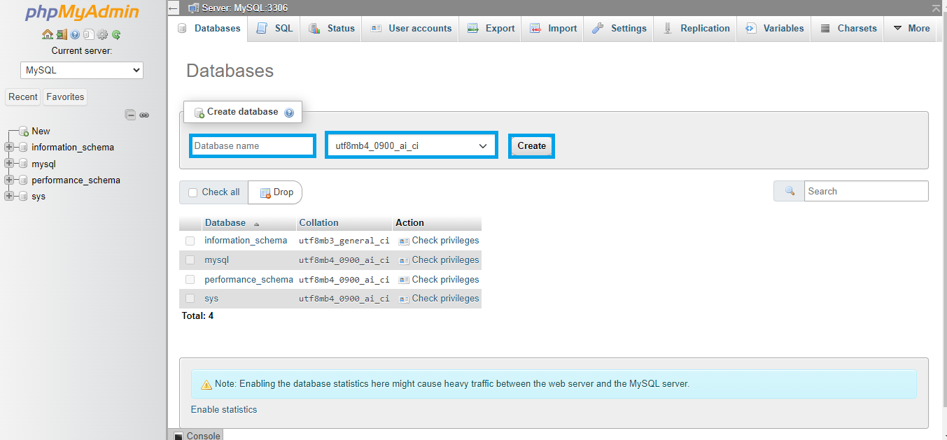 Database dashboard on phpMyAdmin