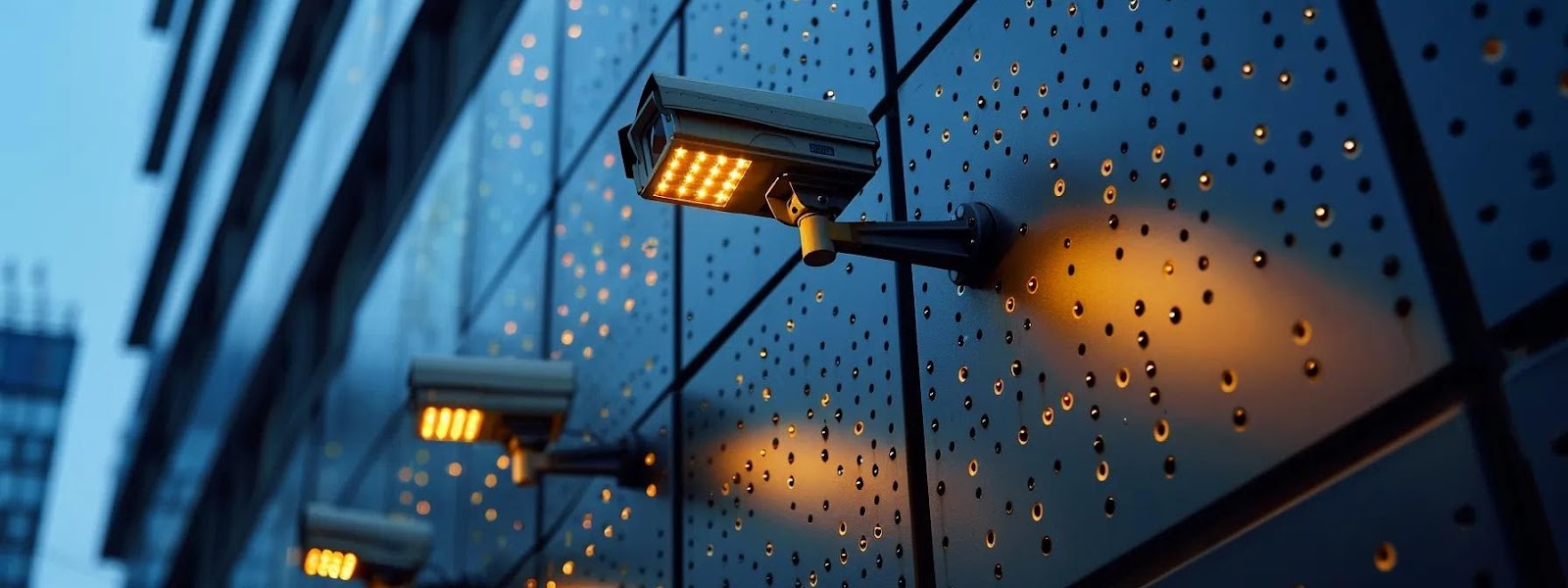 CCTV cameras mounted on a modern security fence with illuminated LED lights, enhancing surveillance and protection for residential and commercial properties.