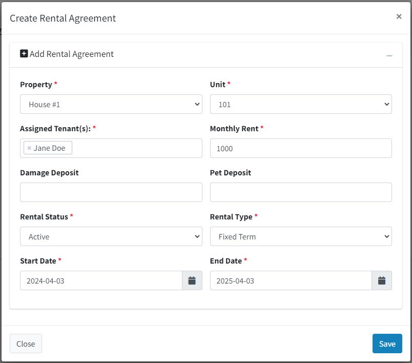 A screenshot of a rental agreement Description automatically generated