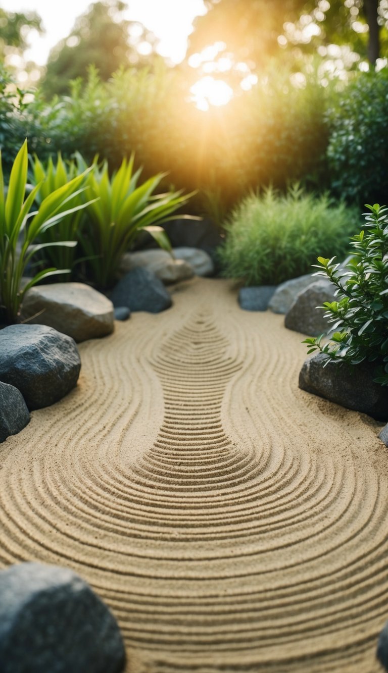 A serene Zen sand garden with carefully raked patterns, surrounded by rocks and a few carefully placed plants