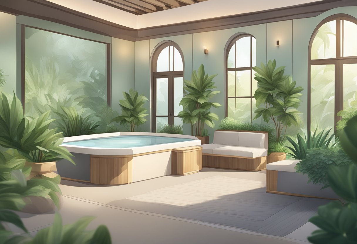 A serene spa setting with a reception desk, cozy seating area, and lush green plants. A soothing color scheme and soft lighting create a tranquil atmosphere