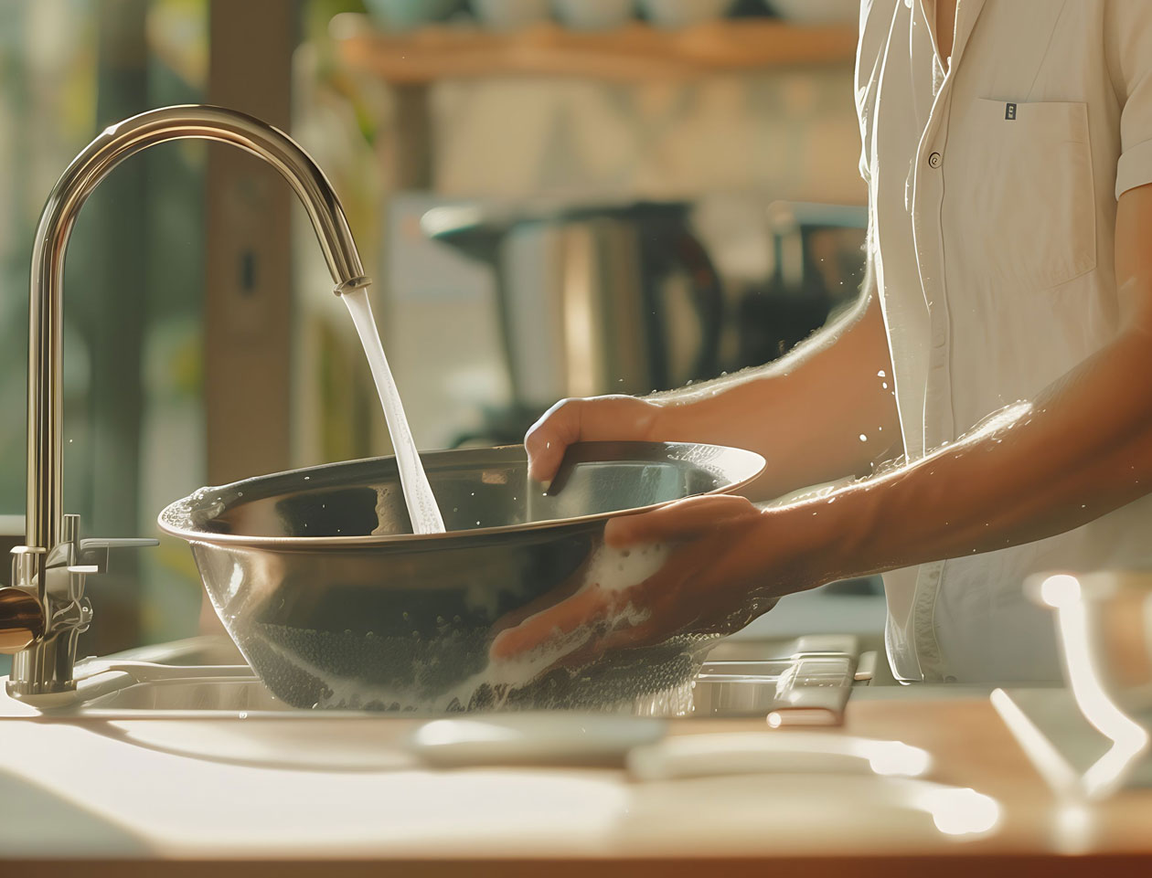 Seseorang mencuci baskom di wastafel dapur, air mengalir dan sabun berbusa di sekitar baskom