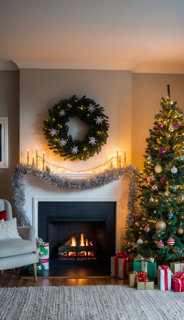 A cozy living room adorned with a vintage tinsel garland draped around a fireplace, twinkling lights, and festive ornaments adorning the Christmas tree