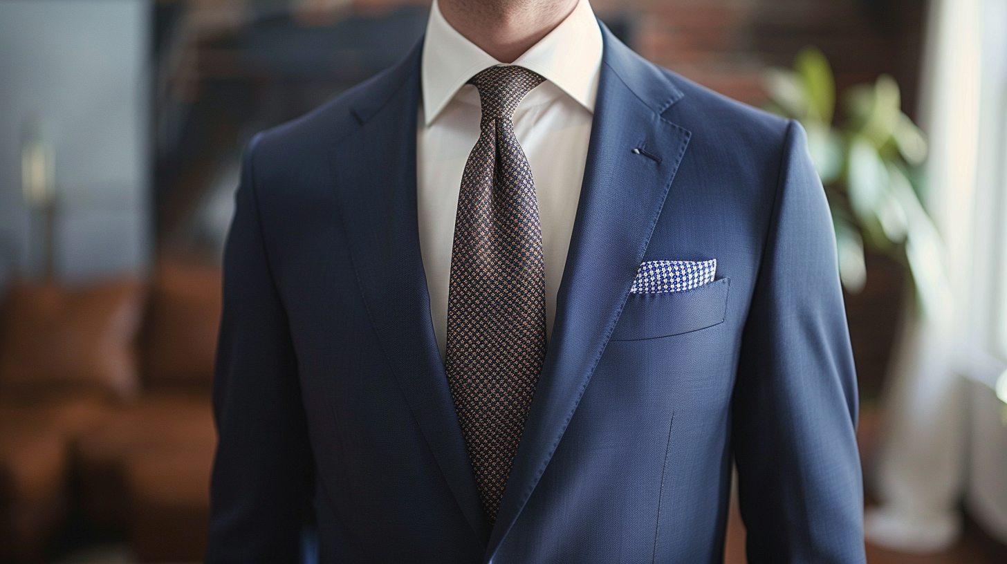 A man wearing a single-breasted navy suit with a crisp white shirt and tie, standing confidently in an office or wedding setting, timeless and versatile look