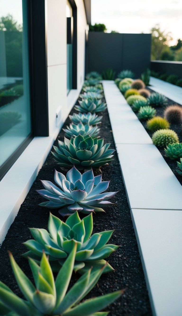 A modern succulent garden lines the side of a sleek, minimalist house. The landscaping features a variety of succulent plants in geometric arrangements