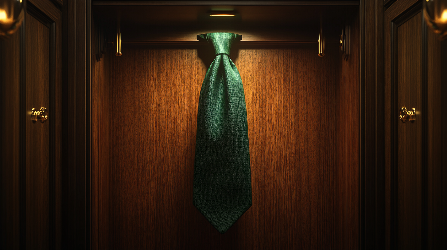 A deep forest green tie elegantly draped inside a modern wooden wardrobe. The tie’s luxurious fabric catches soft ambient lighting, revealing a subtle sheen. Dark wooden panels frame the scene, creating a stylish and refined atmosphere. The background remains subtle to keep attention on the tie.