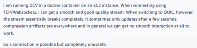Screenshot of a user explaining how running DCV in a Docker container on an EC2 instance breaks completely and becomes unusable when switching to QUIC.