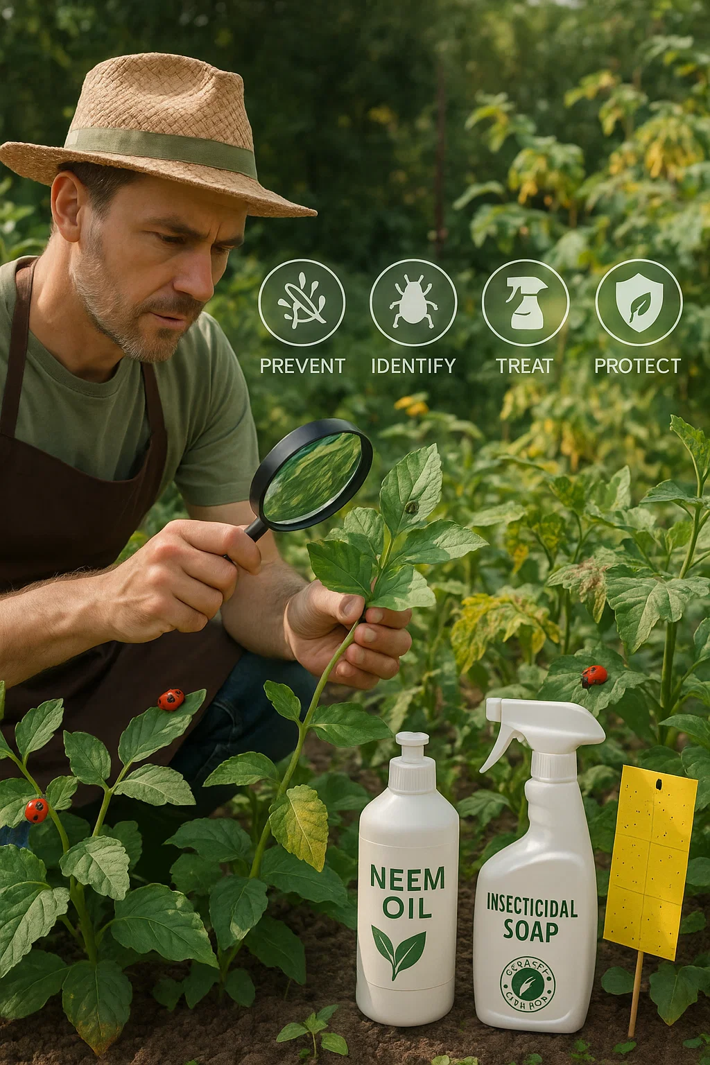 A detailed garden scene showing a gardener inspecting leaves with a magnifying glass, identifying pests like aphids or caterpillars. Nearby, organic pest control solutions such as neem oil spray, insecticidal soap, and sticky traps are neatly arranged. In the background, some plants show early signs of disease (yellowing leaves, spots), while others appear healthy and vibrant after treatment. Include visual elements like ladybugs on leaves (natural pest control), floating icons labeled “Prevent,” “Identify,” “Treat,” and “Protect.” The setting should feel proactive and balanced, with nature and care working together. 