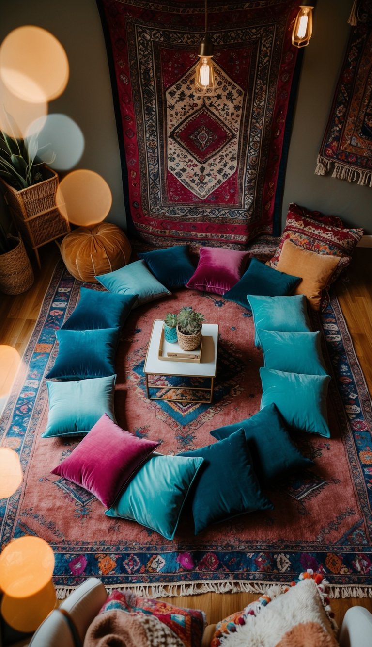 A cozy, eclectic boho bedroom with 21 velvet floor cushions arranged in a circle around a low table, surrounded by colorful rugs and tapestries