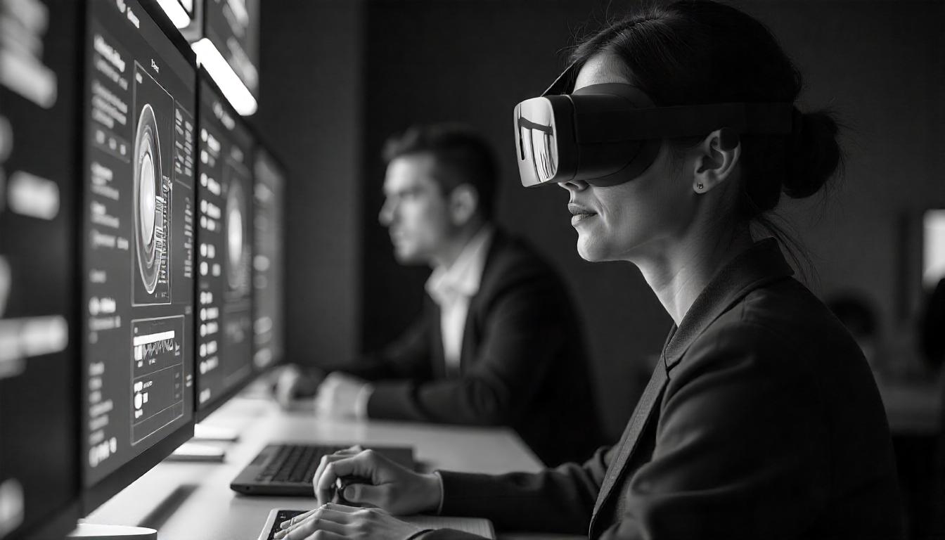 The image depicts a person wearing virtual reality goggles, suggesting the need to move beyond a limitations reactive security model and instead embrace immersive, predictive technologies that can enhance situational awareness and decision-making capabilities.