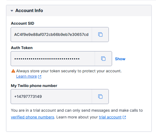 Twilio Account SID, Auth Token, and twilio phone number