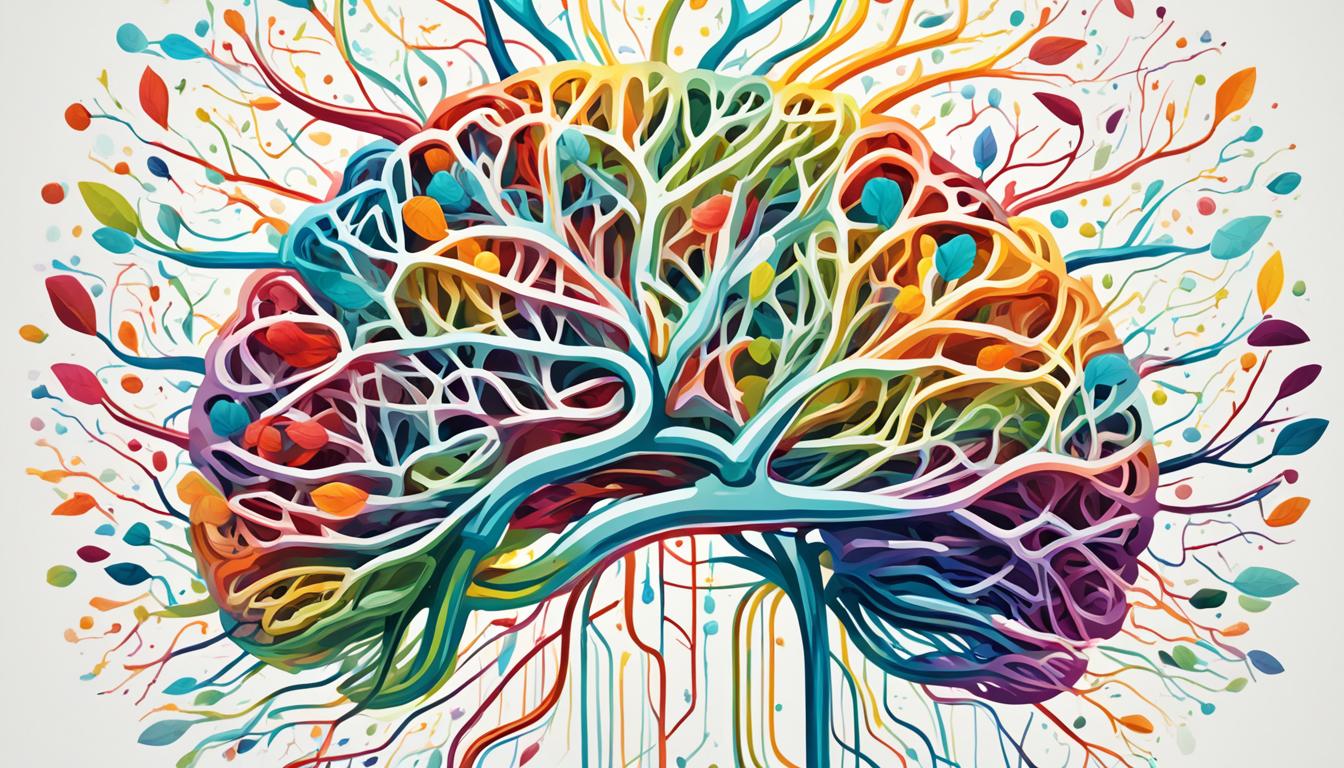 An image of a brain with colorful, interconnected pathways that represent the concept of neuroplasticity. Show the brain as malleable and adaptable, making new connections and pathways as it learns and grows. Make the image vibrant and dynamic, with swirling patterns that suggest the complex nature of neural networks. Use bright colors to convey the sense of positive transformation and growth that comes with cultivating a growth mindset.