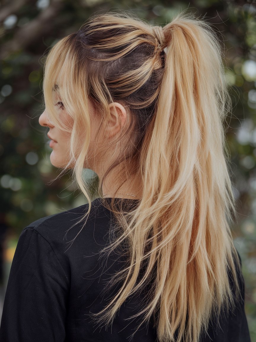 2. Golden Blonde Ponytail With Dark Roots