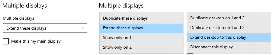 Various versions of the "multiple displays" menu that can appear depending on how many displays are connected.