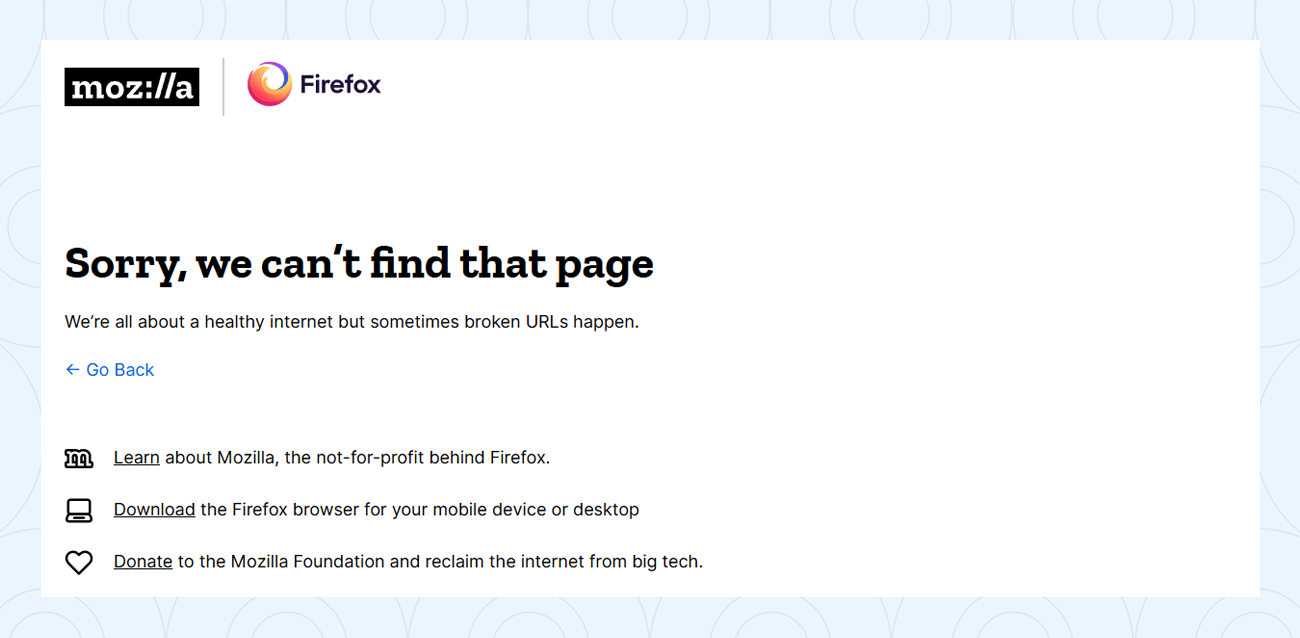 Mozilla’s custom 404 error page 