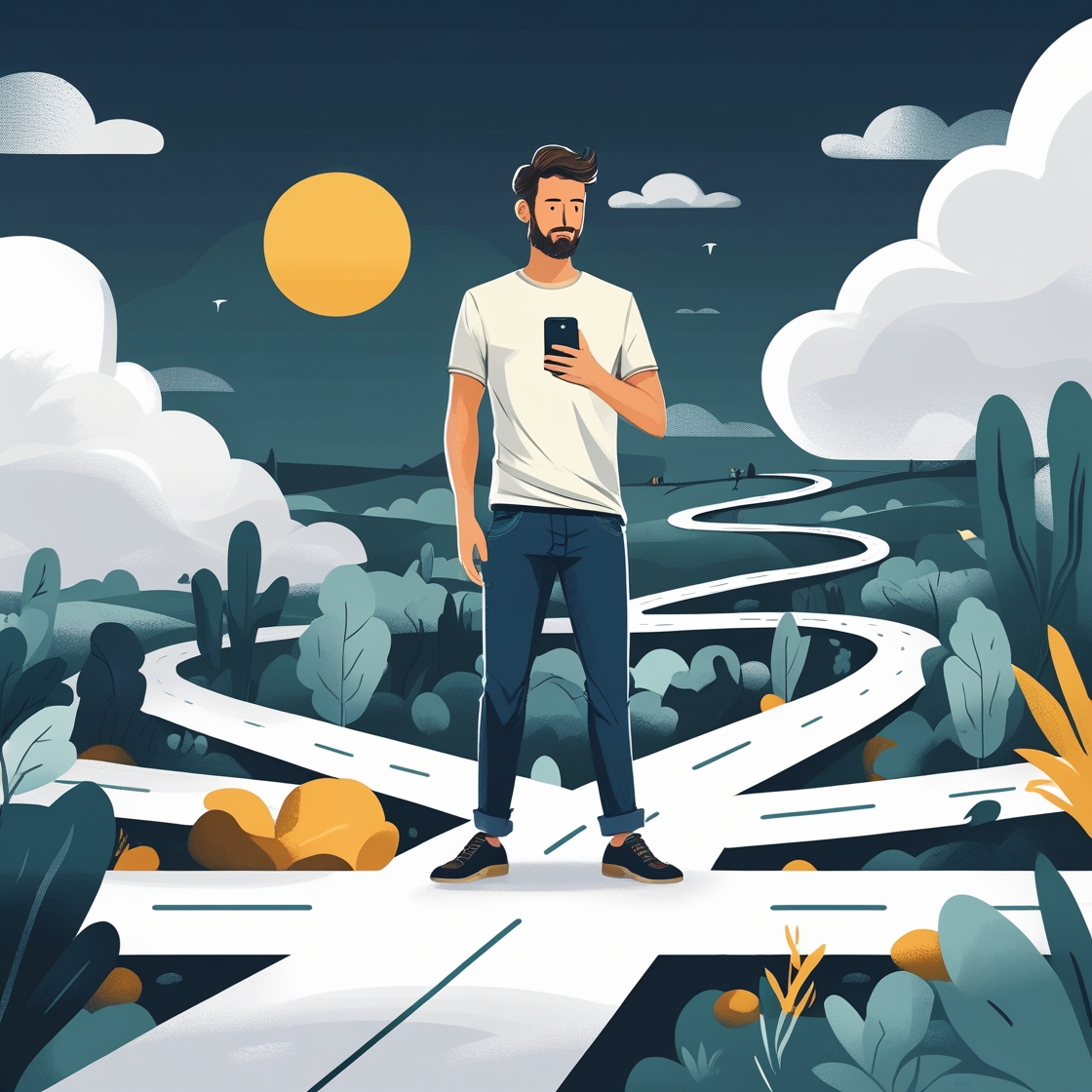 A digital illustration of a man standing at a crossroads, one path leading toward a bright future and another looping back into an endless cycle of checking his phone