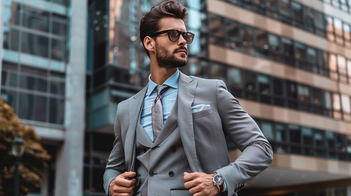 Fashion-forward man in a slim fit suit coat; tailored close to the body; sleek modern cut; minimal accessories; urban or runway-style background; emphasis on fit